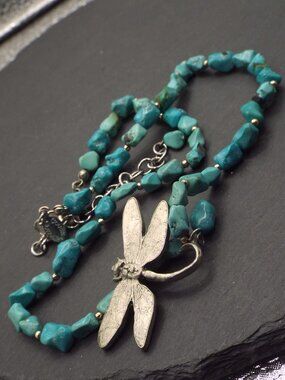 COUSIN CLAUDINE KINGSTON TURQUOISE W/ SILVERY DRAGONFLY NECKLACE 51